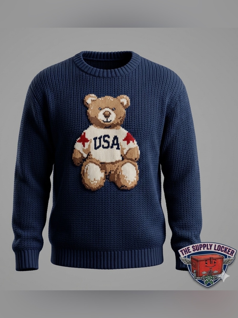 Mighty Fine Teddy Bear USA Sweater Women’s XL Navy Knit Pullover NWT